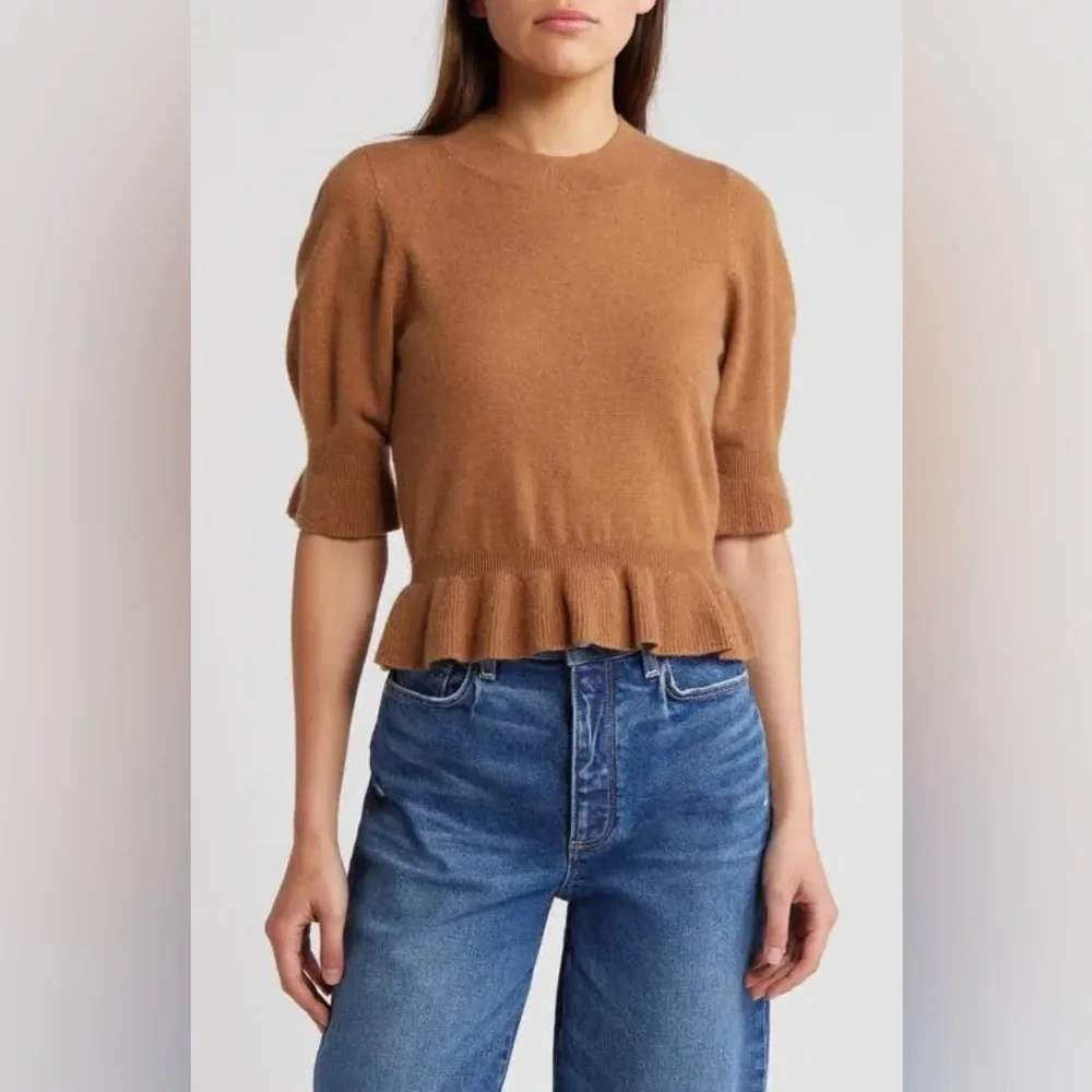 PAIGE Sabelina Merino Wool and Cashmere Blend Peplum Sweater in Dark Caramel - Picture 3 of 6